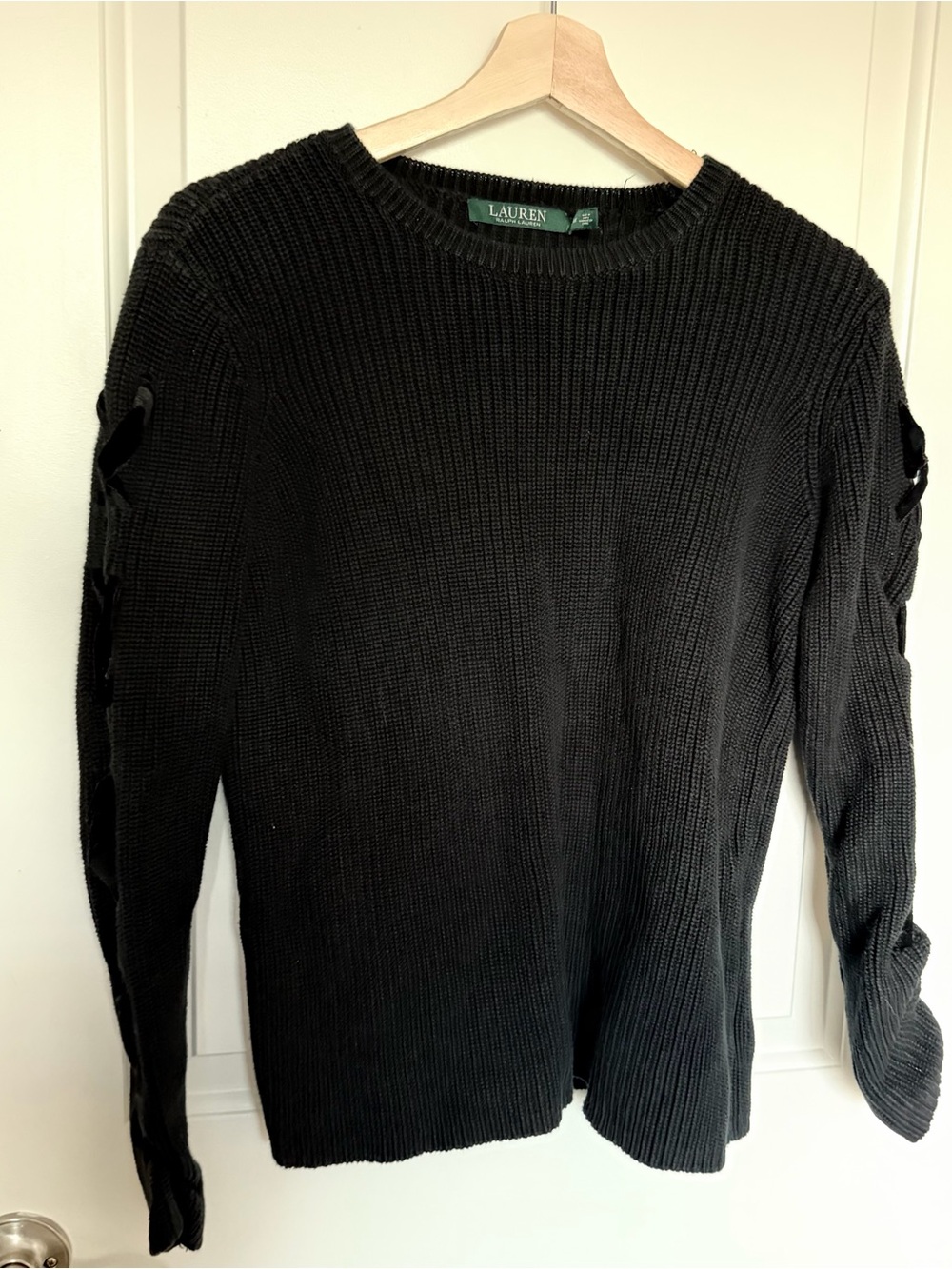 Lauren Ralph Lauren Black Cotton Knit Crew Neck Bow Sleeve Pullover Sweater M